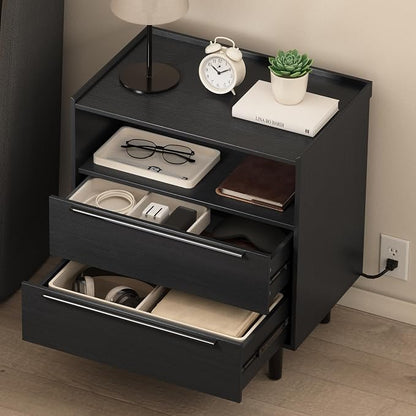 26" Tall Black Nightstand with Charging Station, 2 Drawer Contemporary Modern - Image 5