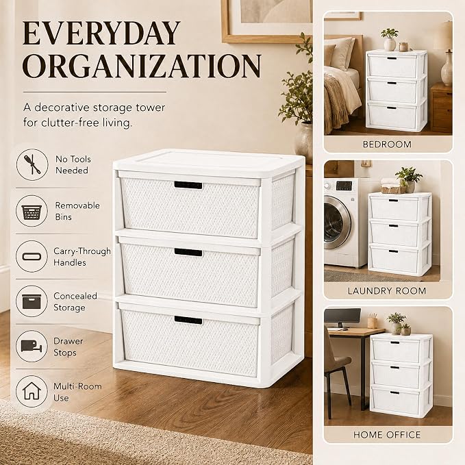 Wide 3-Drawer Plastic Storage Tower, Decorative Organizer Chest, BPA-free - Image 3