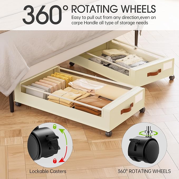 Yecaye Under Bed Storage with Wheels, 2 Pack Under Bed Storage Containers - Image 3