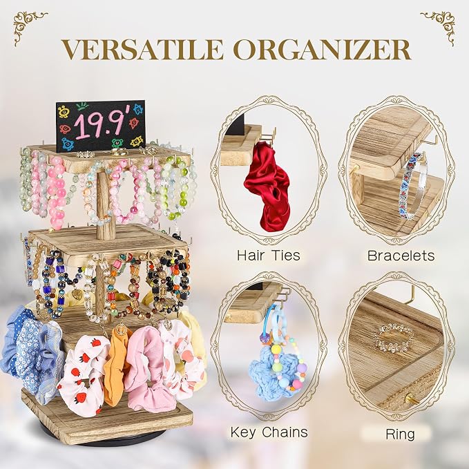 LadyRosian 3-Tier Wooden Rotating Jewelry Display Stand | Bracelet & Keychain - Image 4