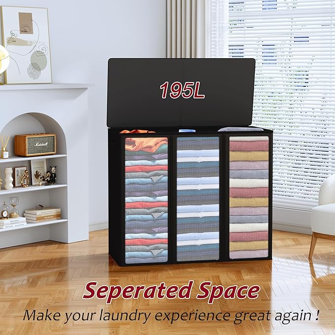195L Laundry Hamper 3 Section, Large Laundry Hamper - Image 4