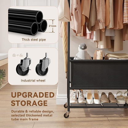 Laundry Cart with Wheels and Hanging Rack, Heavy Duty Rolling Clothes Rack with - Image 4