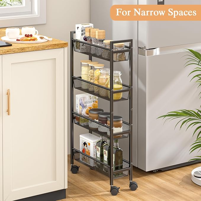 Slim Storage Rolling Cart, 4 Tier Narrow Cart - Image 3