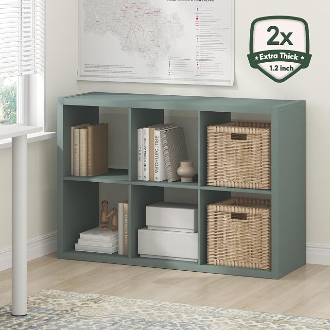 Furinno Cubicle 6-Cube Book Shelf, Extra Thick Frame Bookshelf, Sage Green | - Image 2