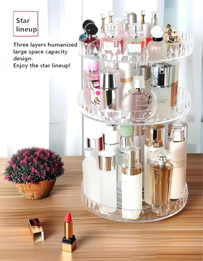 Diamond Pattern Three Layers Perfume Organizer, 360 Rotating Diamond Cosmetic - Image 3