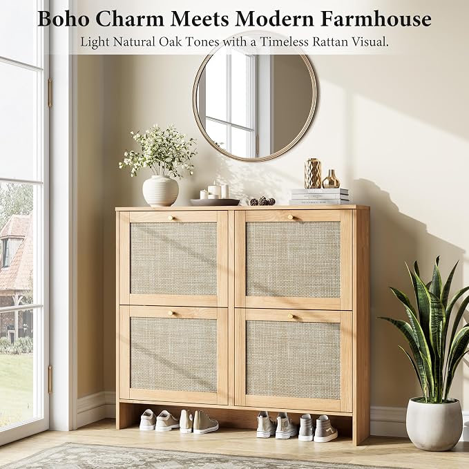 Nicetree Modern Rattan Shoe Cabinet, 4 Flip Drawers & Adjustable Shelves - Image 3
