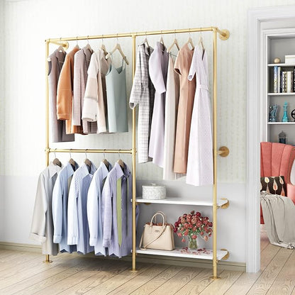 Gold Pipe Clothes Racks with White Shelves, Industrial Pipe Gold Clothing Rack by IronJiaZu