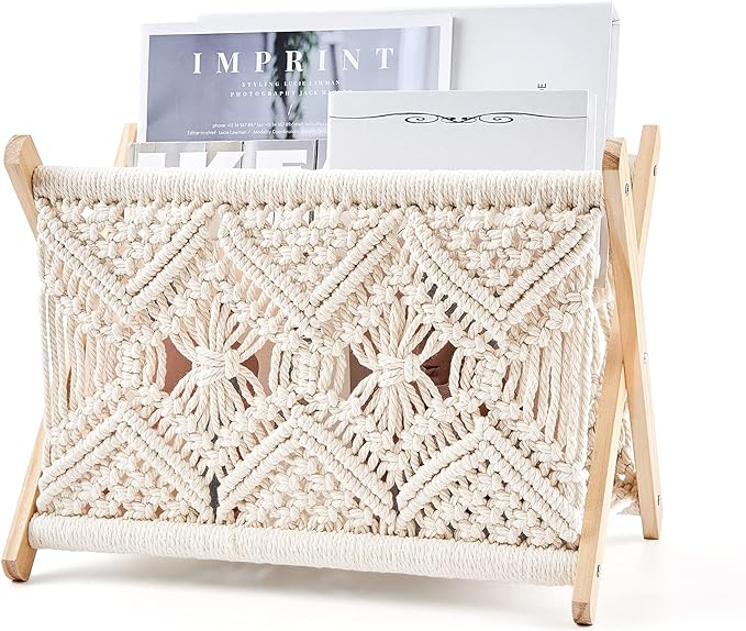 Mkono Macrame Magazine Rack Boho Storage Holder Standing Basket by Mkono