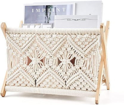 Mkono Macrame Magazine Rack Boho Storage Holder Standing Basket by Mkono