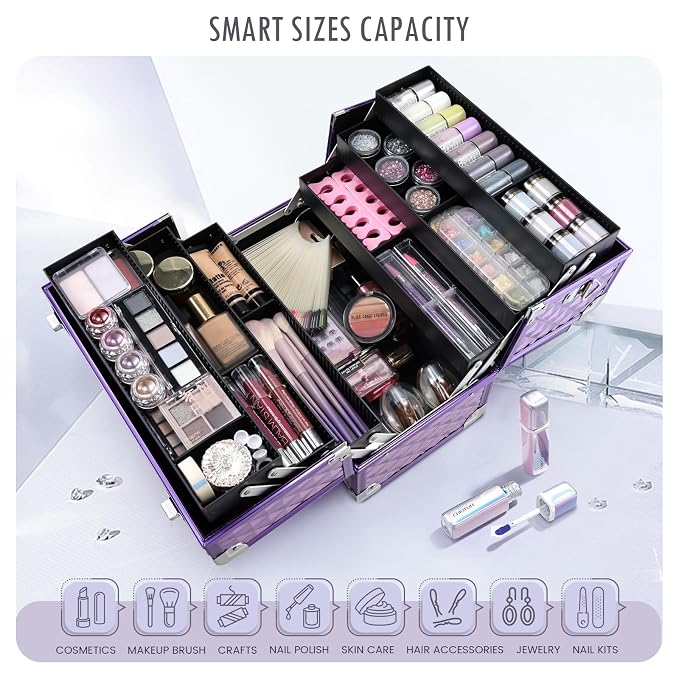 FRENESSA Makeup Train Case Makeup Case 12.6 Inch Large Cosmetic Box Organizer - Image 2