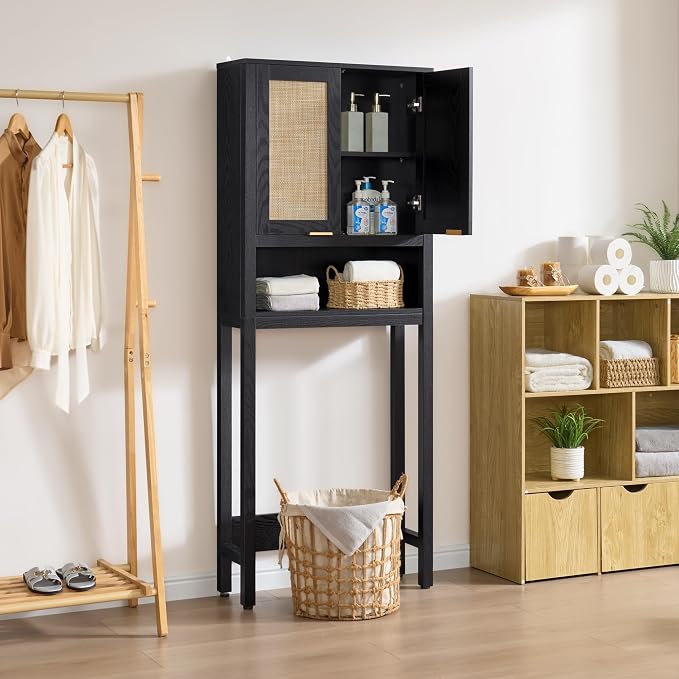 SICOTAS Over the Toilet Storage Cabinet, Rattan Door Bathroom Organizer | - Image 8