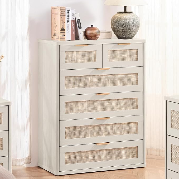 LEYAOYAO White Dresser for Bedroom Set of 2, Modern 6 Drawers Boho Rattan - Image 4