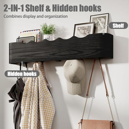 Coat Rack Wall Mount with Shelf 4 Hidden Hooks Modern Wooden Key Holder - Image 2