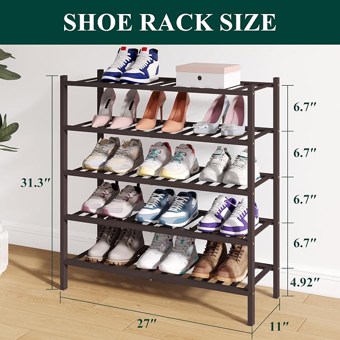 Smiry Bamboo Shoe Rack for Closet, 5 Tier Wooden Stackable Shoe Organizer - Image 2