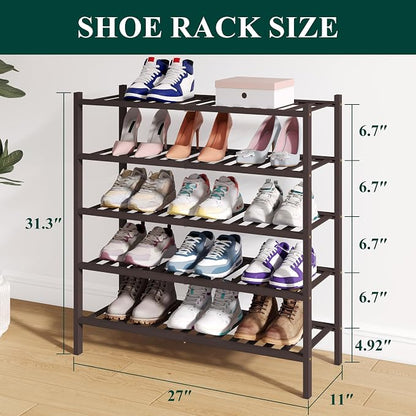 Smiry Bamboo Shoe Rack for Closet, 5 Tier Wooden Stackable Shoe Organizer - Image 2