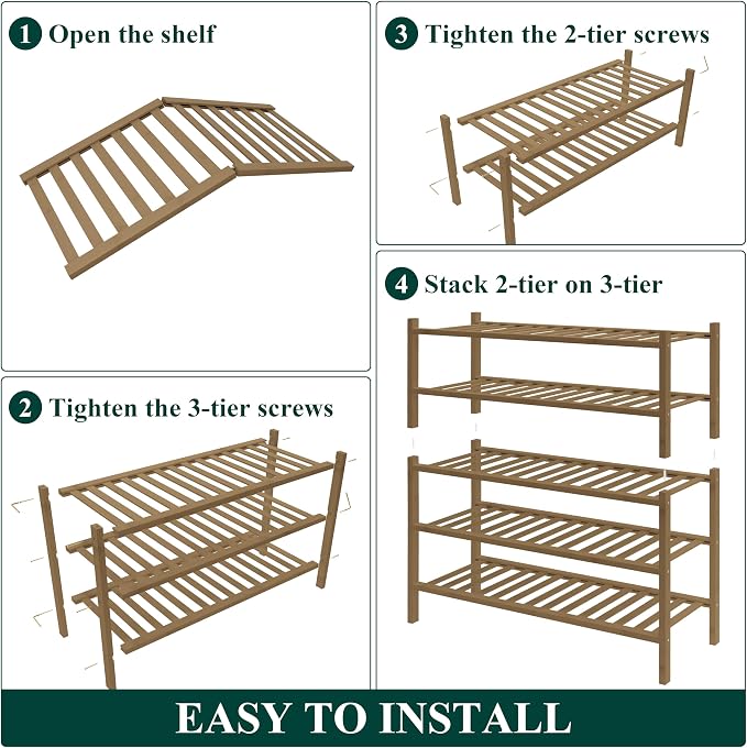 Smiry Bamboo Shoe Rack for Closet, 5 Tier Wooden Stackable Shoe Organizer - Image 6