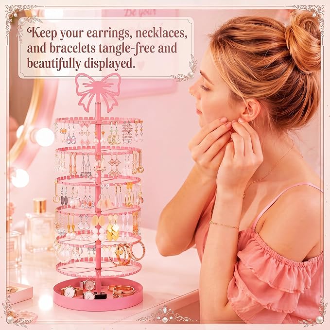 Hicarer 6 Tier Pink Bow Rotating Earring Holder Organizer Stand, 330 Holes - Image 5