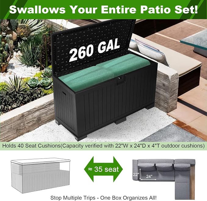 260 Gallon Outdoor Storage Box Waterproof, Extra Large Plastic Outside Deck Box - Image 8