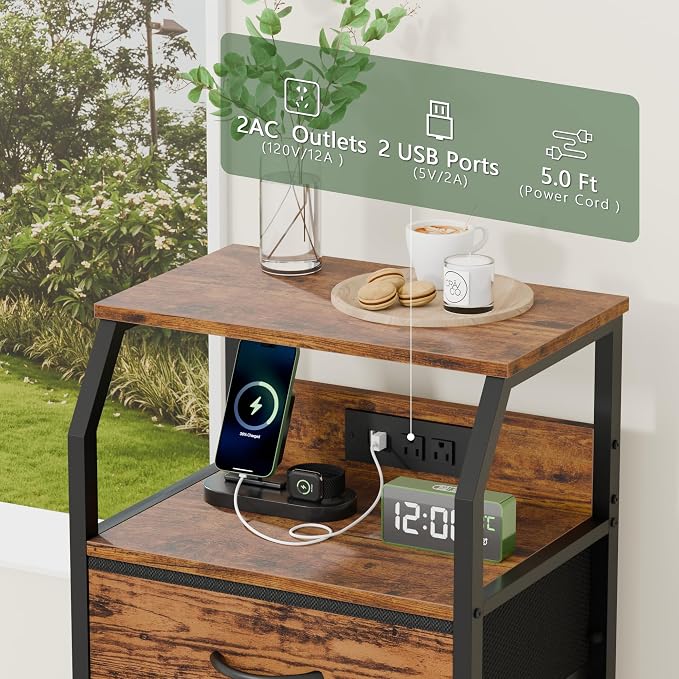 Furnulem Night Stand with Charging Station, 4 Drawers Tall Bedside Table | - Image 8