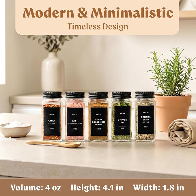 EDELHAUS Glass Spice Jars with Label and Black Aluminium Lids Spice Containers - Image 2