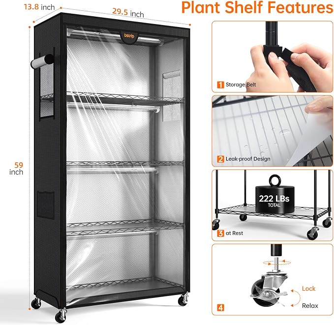 Bstrip Indoor Greenhouse with Grow Light, Plant Stand with 4 Pack 24W Full - Image 8