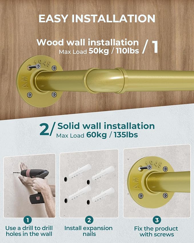 OROPY Industrial Pipe Clothes Rack Wall Mounted Set of 2, 38.4 inches Heavy - Image 5