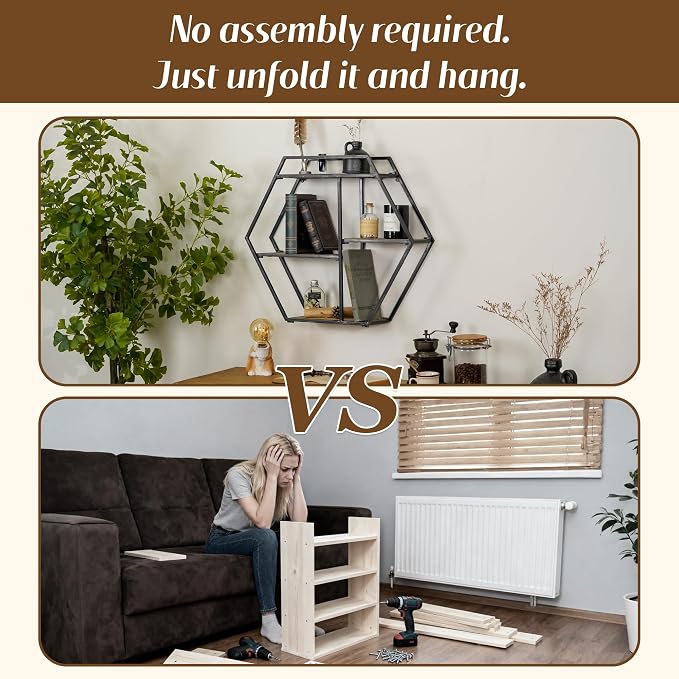 4 Tier Industrial Style Foldable Hexagon-Shaped Wall Shelves | 21" x 24" - Image 6