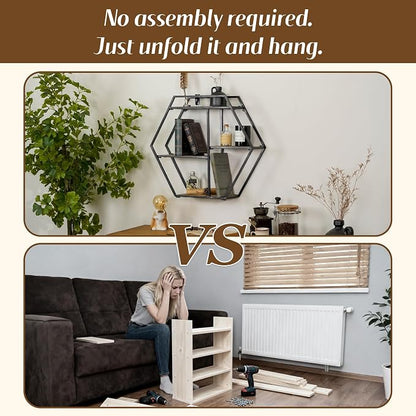 4 Tier Industrial Style Foldable Hexagon-Shaped Wall Shelves | 21" x 24" - Image 6