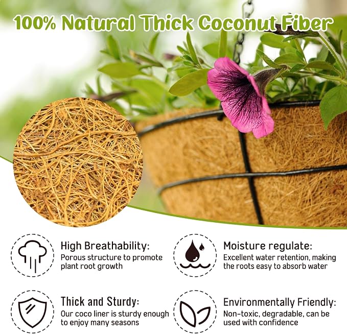 6 Pack 10 Inch Hanging Basket Coco Liners Replacement, 100% Natural Round - Image 2