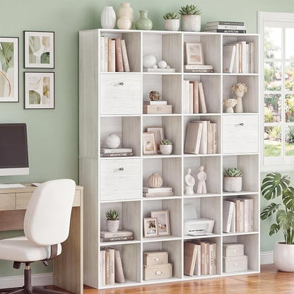 Large 24 Cube Storage Bookshelf, Washed White Wood Bookcase - Image 3