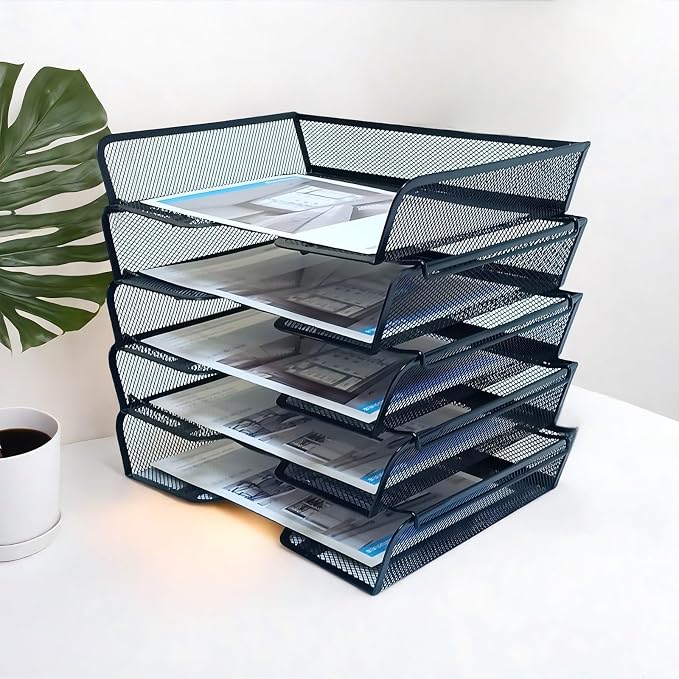 5 Tier Metal Mesh Desk Organizer-Stackable Letter Trays - Image 5