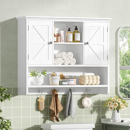 Bathroom Wall Cabinet with Doors and Hooks, 3-Tier Wall Mounted Cabinet | - Image 8