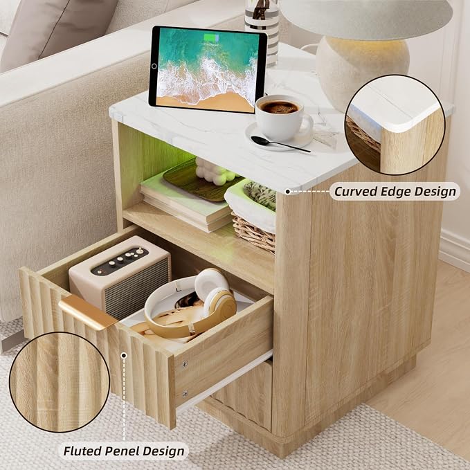 VOWNER Fluted Nightstand with Charging Station, 18” Night Stand with 2 Drawers - Image 5