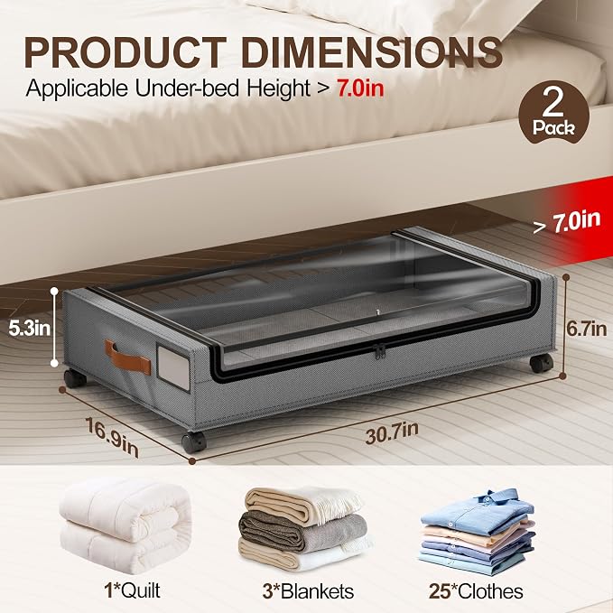 LAMU Under Bed Storage with Wheels, 2 Pack Under Bed Storage Containers with - Image 2