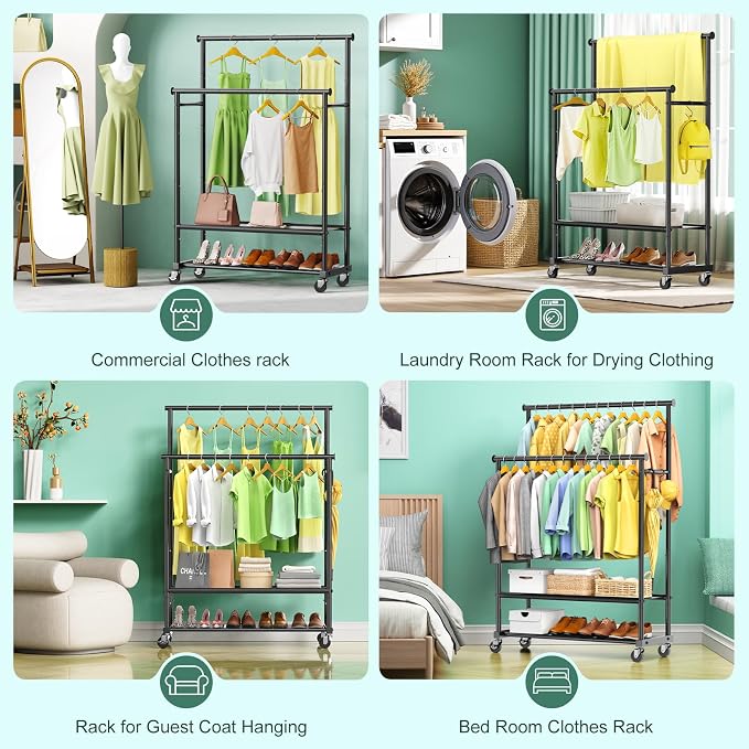 Double Rods Clothes Rack for Hanging Clothes, Heavy Duty Rolling Clothing Rack - Image 7