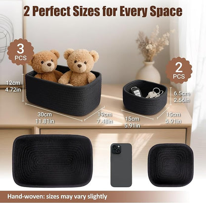 5-Pack Small Woven Rope Storage Baskets, 2 Sizes Organizer Bins | Fabric Cube - Image 2