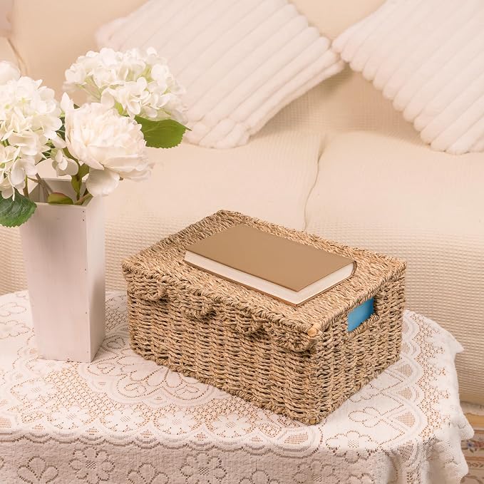 KOKODO Set of 2 Scalloped Wicker Baskets – Handwoven Rectangular Seagrass - Image 6