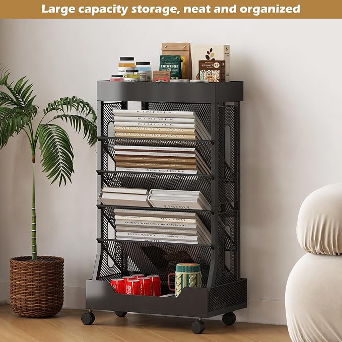 Book Cart with Wheels Mobile Bookshelf Rolling Bookshelf Organizer Bookcase - Image 7
