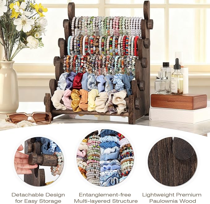 TOPNEW 5 Tier Wooden Bracelet Holder, Scrunchie Bangle Watch Necklace Display - Image 5