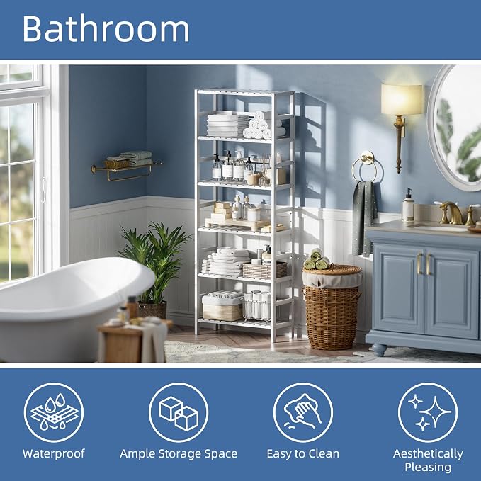 HITNET Bookshelf, 6-Tier Tall Bookcase Freestanding Bamboo Book Shelf Bathroom - Image 4