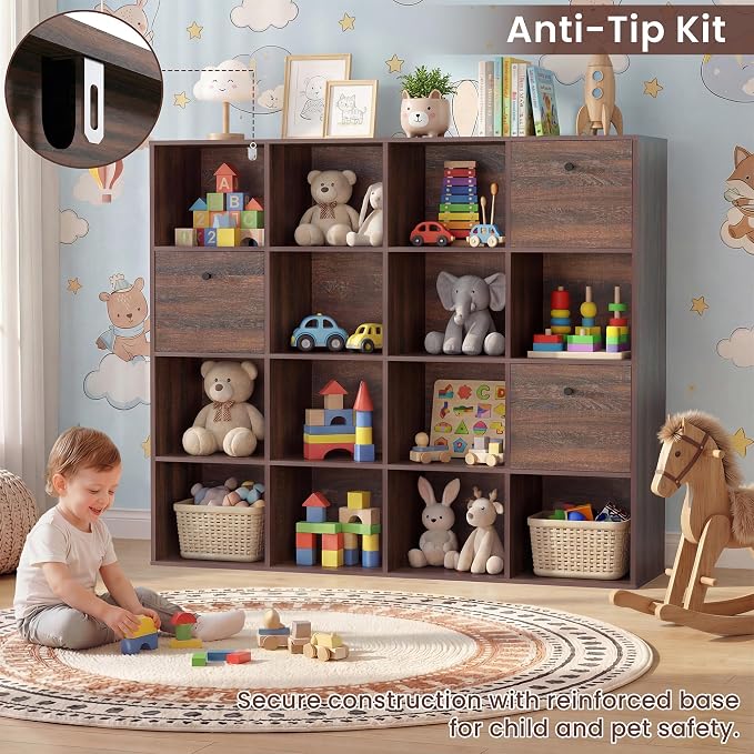 Walnut 16 Cube Storage Organizer, Wooden Bookcase - Image 7