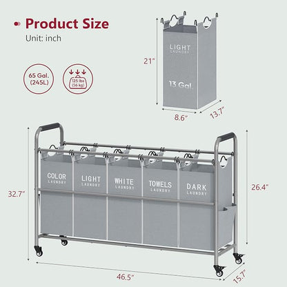 Tajsoon 5 Bag Laundry Sorter Cart, Laundry Hamper Sorter Basket - Image 7