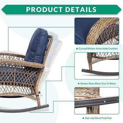 VIVIJASON 2 Piece Patio Wicker Rattan Rocker Chair, Outdoor Rattan Rocker Chair - Image 3