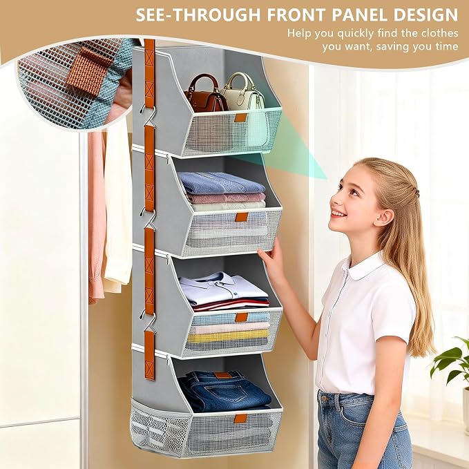 Fabric 4 Tier Hanging Closet Organizers Heavy Duty Shelf Hanging Storage Towel - Image 4