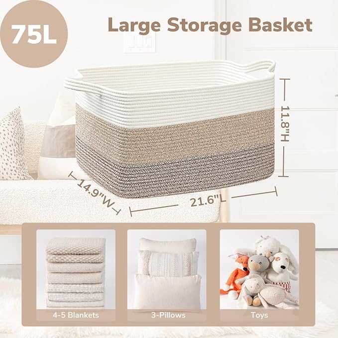 Goodpick Large Woven Storage Basket, 21.6" x 14.9" x 11.8" Rectangle Rope - Image 3