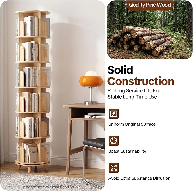 6 Tier Rotating Bookshelf Tower, Solid Wood Bookshelf - Image 4