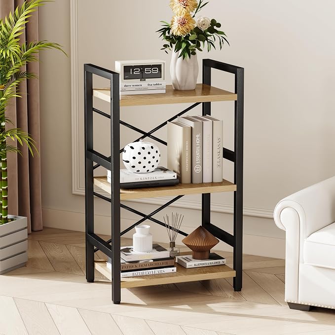 Homeiju Bookshelf, 3 Tier Industrial Bookcase, Metal Small Bookcase, Rustic - Image 2