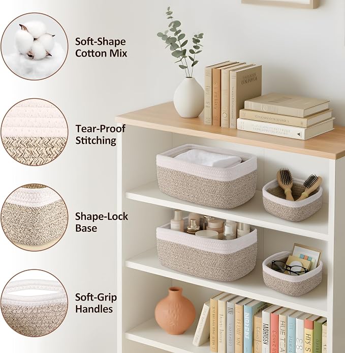 5-Pack Small Woven Rope Storage Baskets, 2 Sizes Organizer Bins | Fabric Cube - Image 3