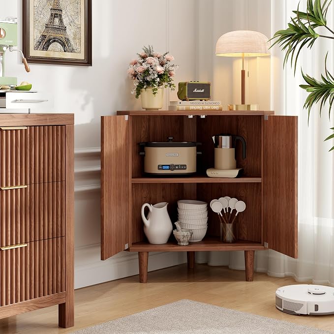 Fluted Floor Corner Kitchen Cabinet, Wooden Freestanding Cabinets Organizer - Image 3