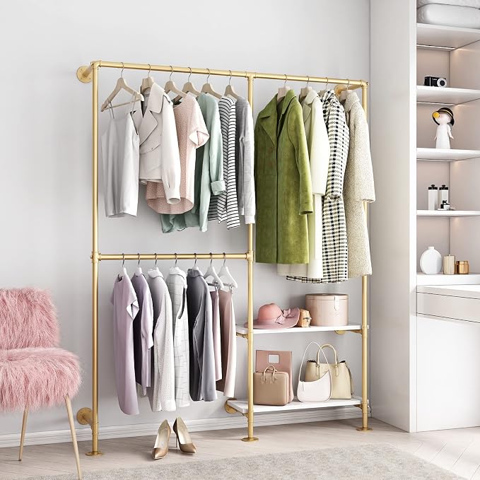 Gold Pipe Clothes Racks with White Shelves, Industrial Pipe Gold Clothing Rack - Image 2
